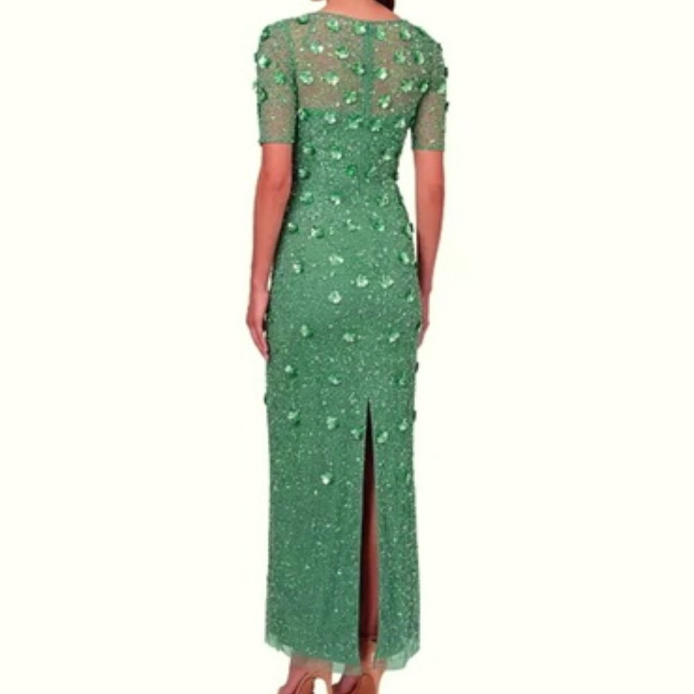 Adrianna Papell Green Slate 3-D Floral Beaded Evening Gown Dress - Picture 3 of 4